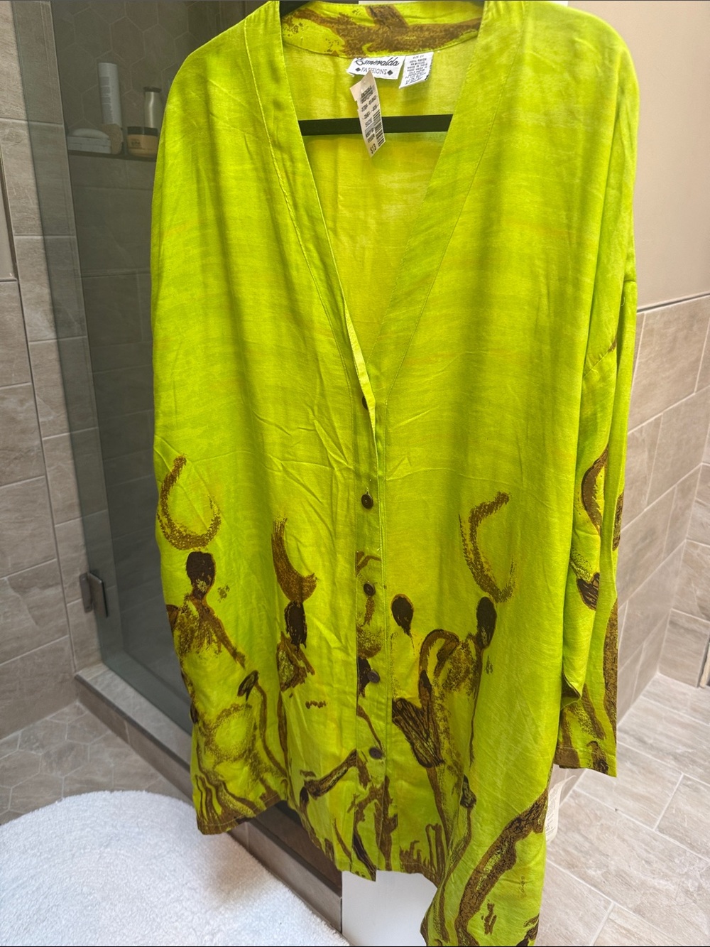 Alexander McQueen Neon Lime Green Printed V-Neck Tunic with Brown Motif